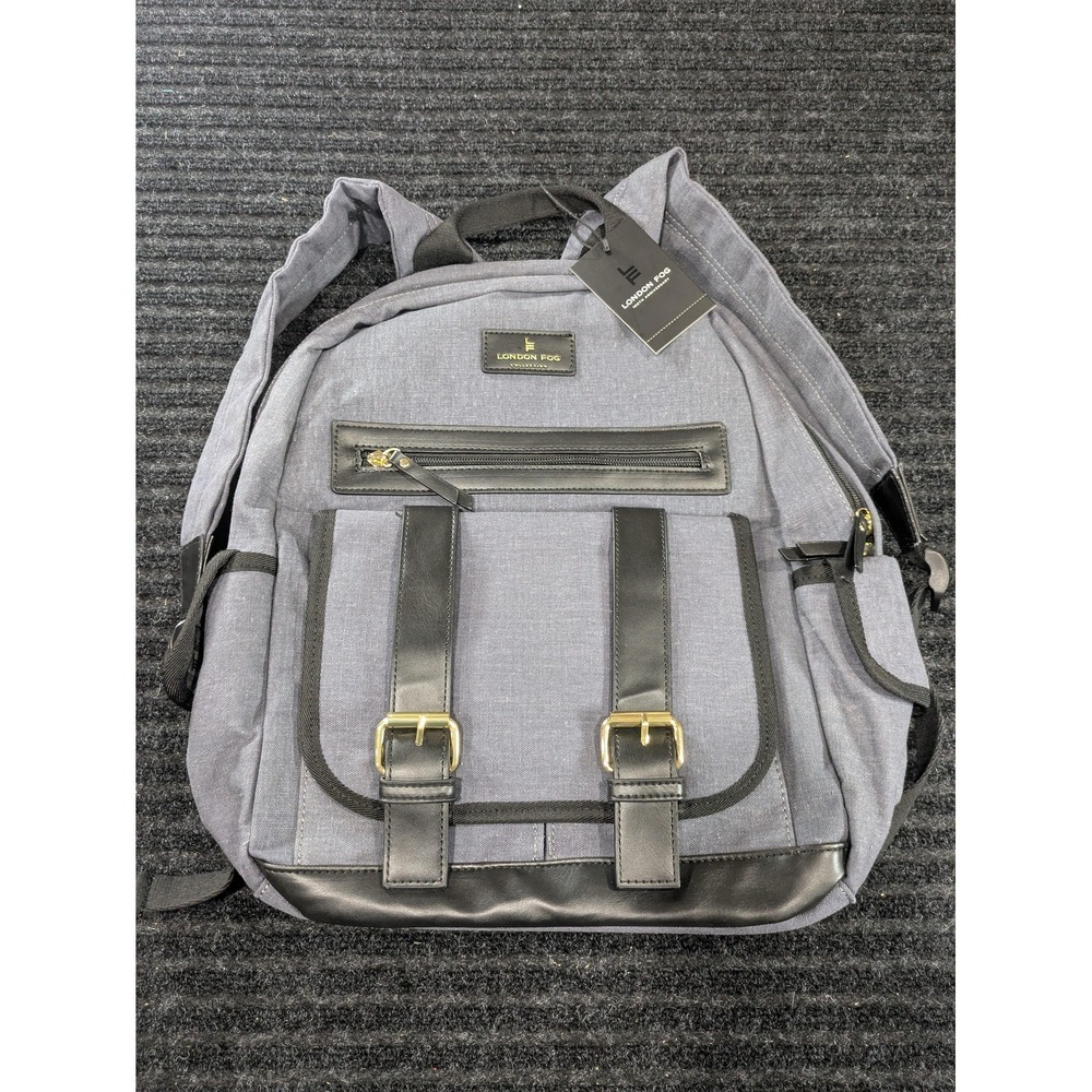 London Fog Canvas Backpack Mens Denim Blue Faux Leather Trim Laptop Pocket New